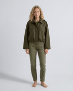 Mabel Collared Faux Suede Bomber Jacket with Ribbed Trims in Green