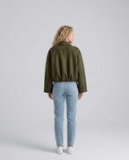Mabel Collared Faux Suede Bomber Jacket with Ribbed Trims in Green