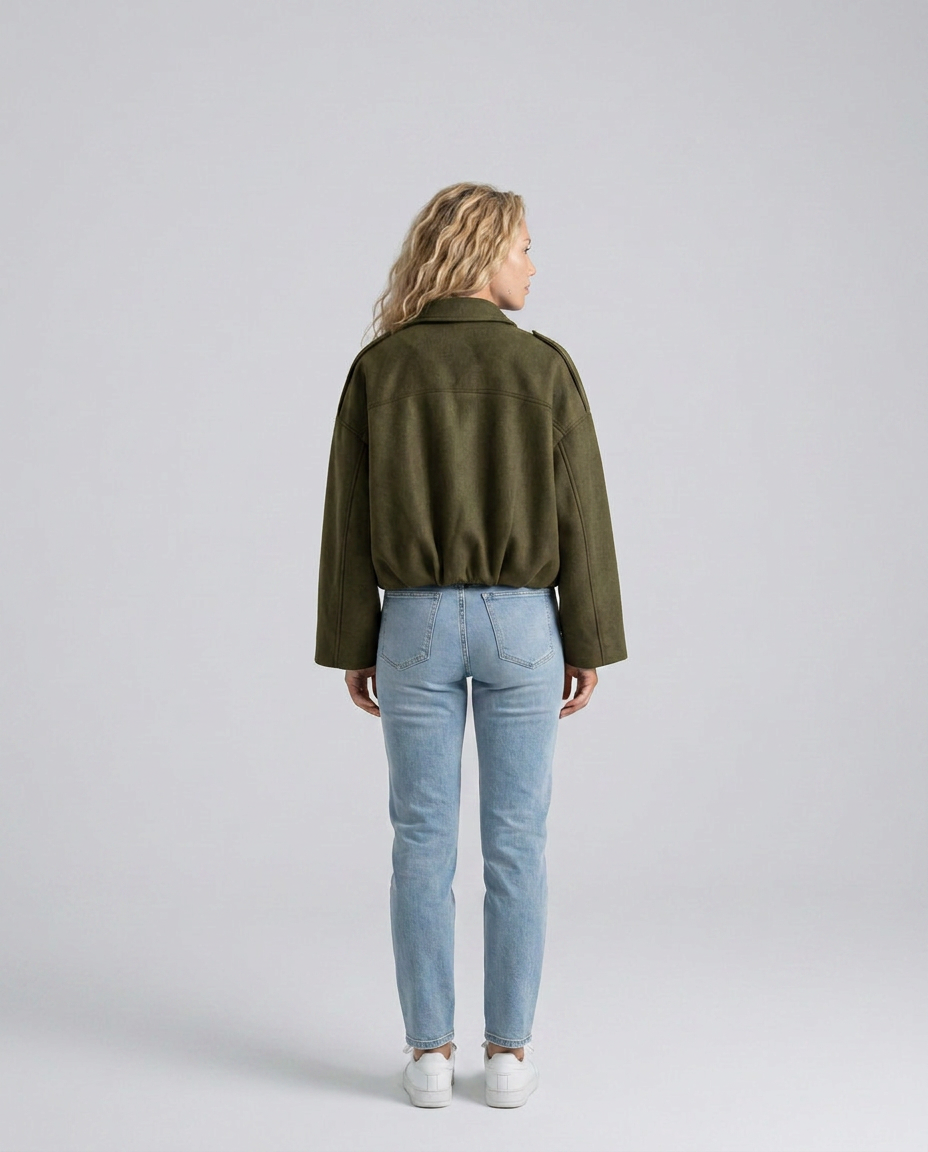 Mabel Collared Faux Suede Bomber Jacket with Ribbed Trims in Green