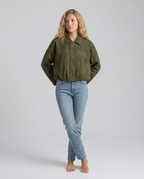 Mabel Collared Faux Suede Bomber Jacket with Ribbed Trims in Green