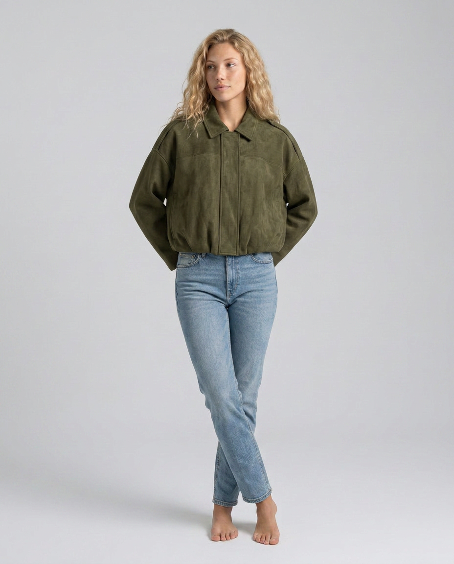 Mabel Collared Faux Suede Bomber Jacket with Ribbed Trims in Green