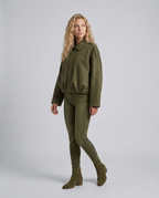 Mabel Collared Faux Suede Bomber Jacket with Ribbed Trims in Green