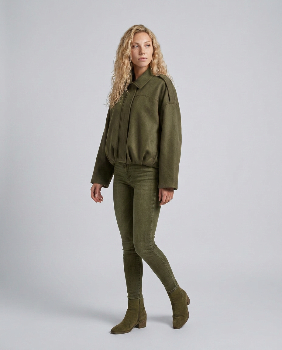 Mabel Collared Faux Suede Bomber Jacket with Ribbed Trims in Green