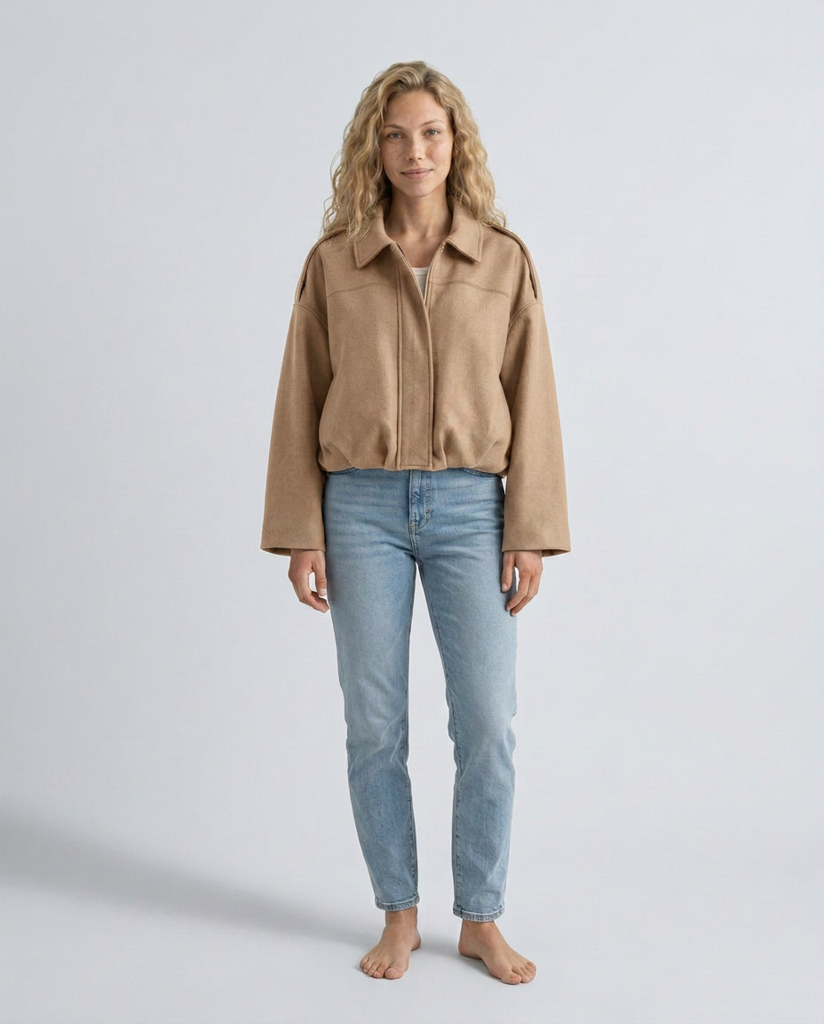 Mabel Collared Faux Suede Bomber Jacket with Ribbed Trims in Khaki