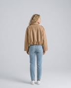 Mabel Collared Faux Suede Bomber Jacket with Ribbed Trims in Khaki