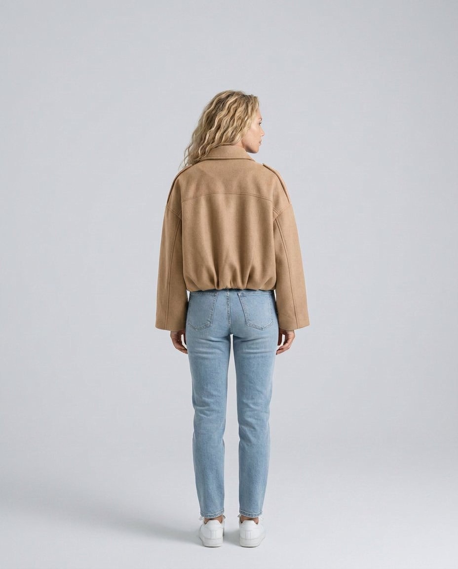 Mabel Collared Faux Suede Bomber Jacket with Ribbed Trims in Khaki