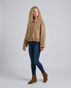 Mabel Collared Faux Suede Bomber Jacket with Ribbed Trims in Khaki