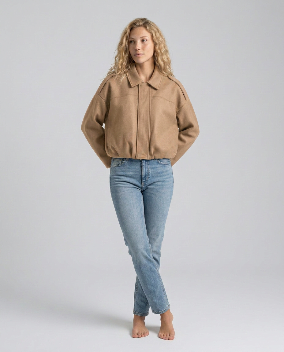 Mabel Collared Faux Suede Bomber Jacket with Ribbed Trims in Khaki