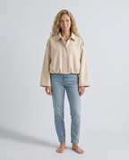 Mabel Collared Faux Suede Bomber Jacket with Ribbed Trims in White