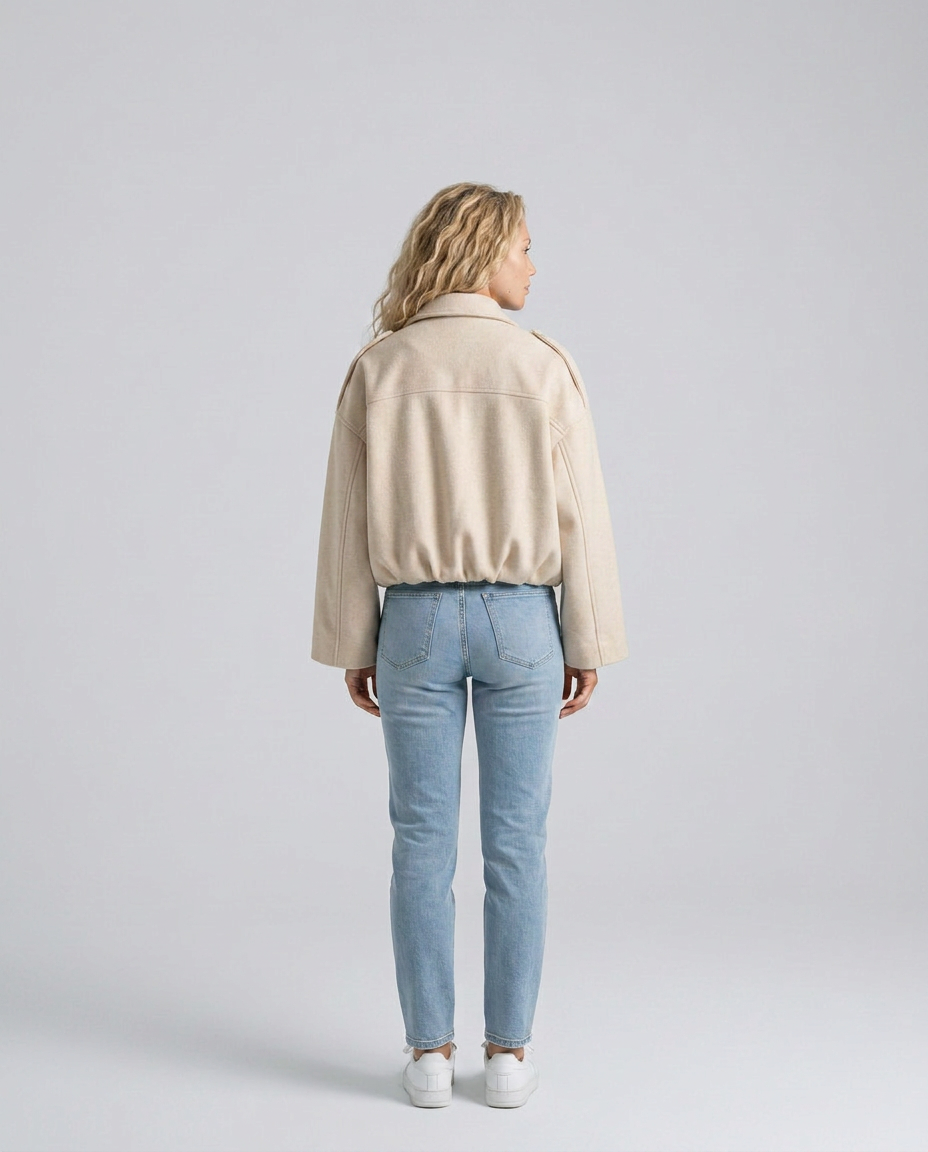 Mabel Collared Faux Suede Bomber Jacket with Ribbed Trims in White