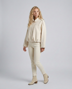 Mabel Collared Faux Suede Bomber Jacket with Ribbed Trims in White