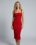 Margot Square Neck Ribbed Knit Midi Dress in Red in Red