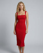 Margot Square Neck Ribbed Knit Midi Dress in Red in Red