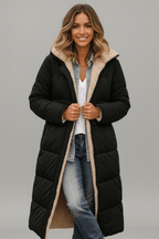 Mariana Hooded Longline Quilted Puffer Coat with Adjustable Hood in Black
