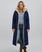 Mariana Hooded Longline Quilted Puffer Coat with Adjustable Hood in Navy