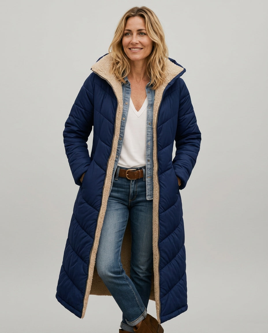 Mariana Hooded Longline Quilted Puffer Coat with Adjustable Hood in Navy