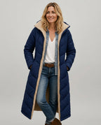 Mariana Hooded Longline Quilted Puffer Coat with Adjustable Hood in Navy