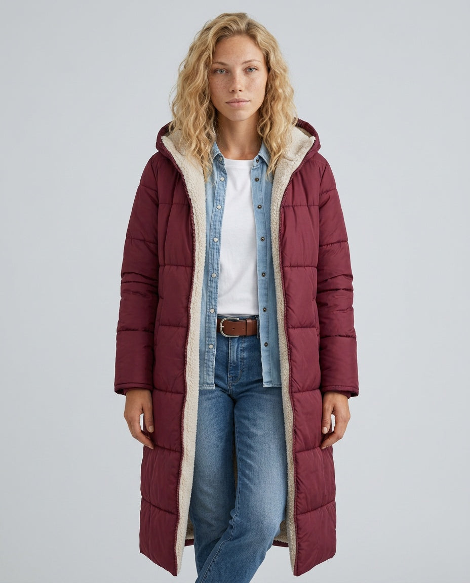 Mariana Hooded Longline Quilted Puffer Coat with Adjustable Hood in Red
