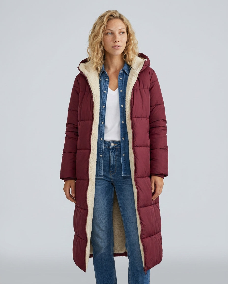 Mariana Hooded Longline Quilted Puffer Coat with Adjustable Hood in Red