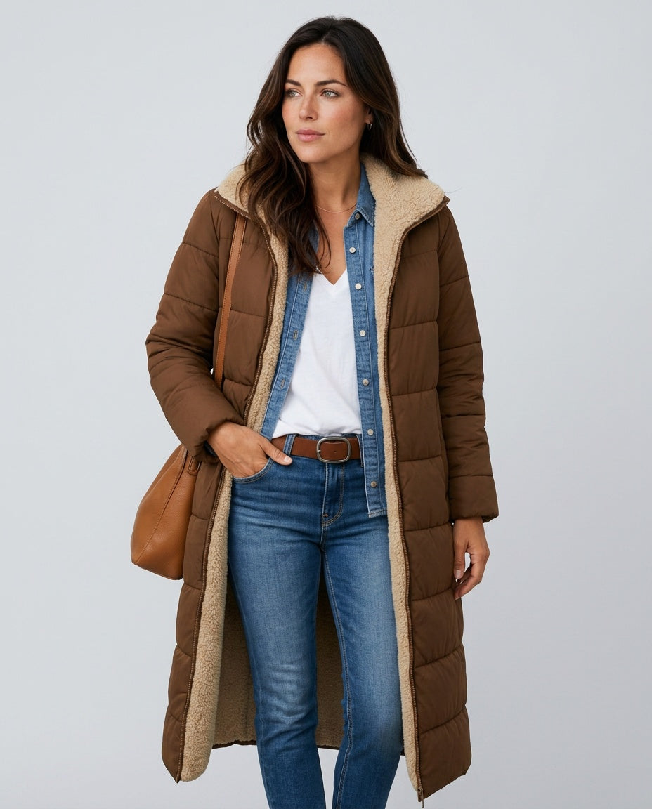 Mariana Hooded Longline Quilted Puffer Coat with Adjustable Hood in Red