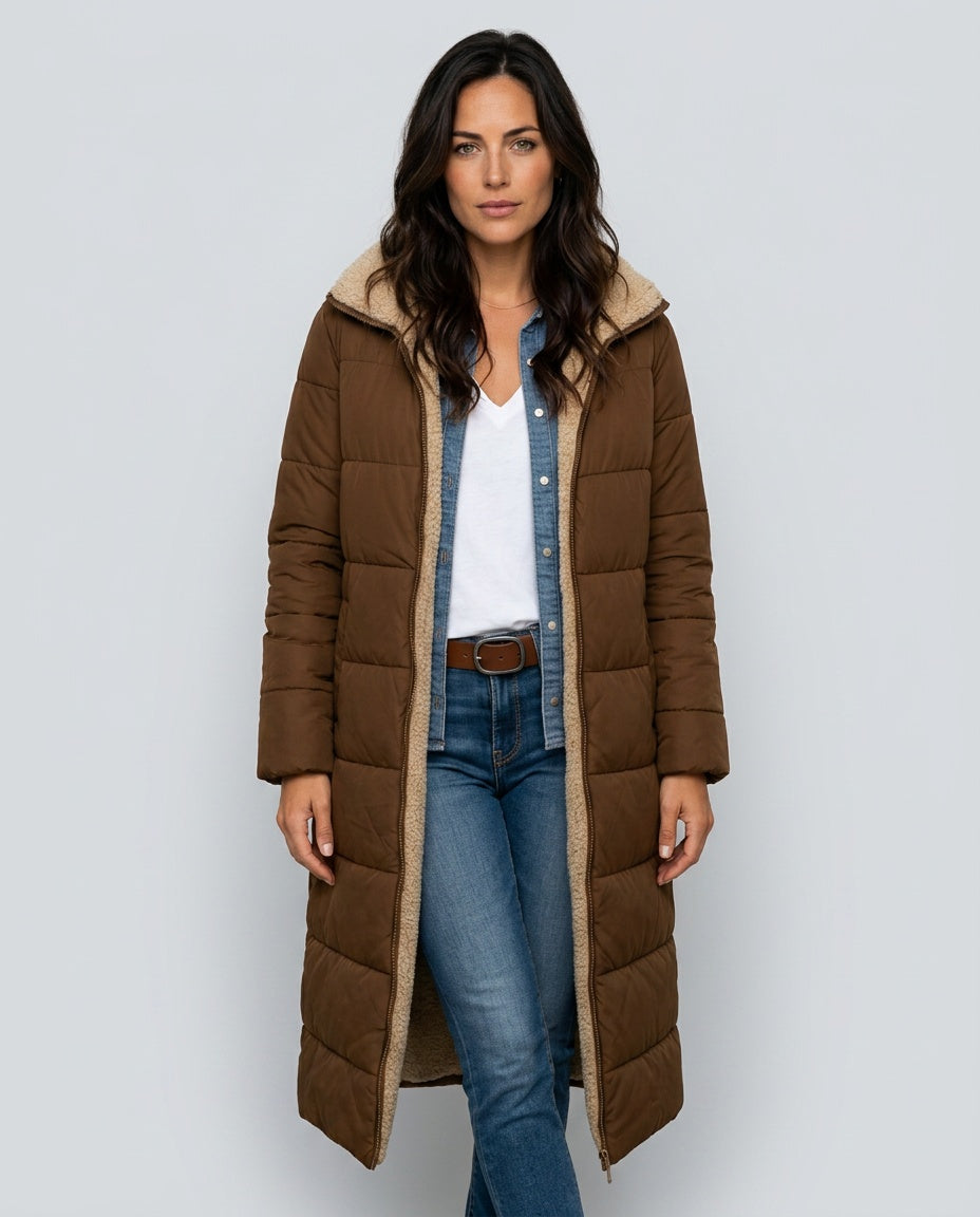 Mariana Hooded Longline Quilted Puffer Coat with Adjustable Hood in Brown