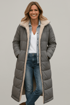 Mariana Hooded Longline Quilted Puffer Coat with Adjustable Hood in Gray