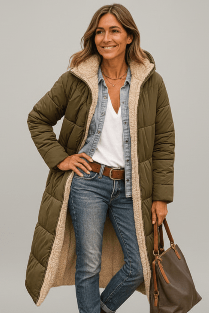 Mariana Hooded Longline Quilted Puffer Coat with Adjustable Hood in Green