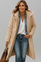 Mariana Hooded Longline Quilted Puffer Coat with Adjustable Hood in Beige