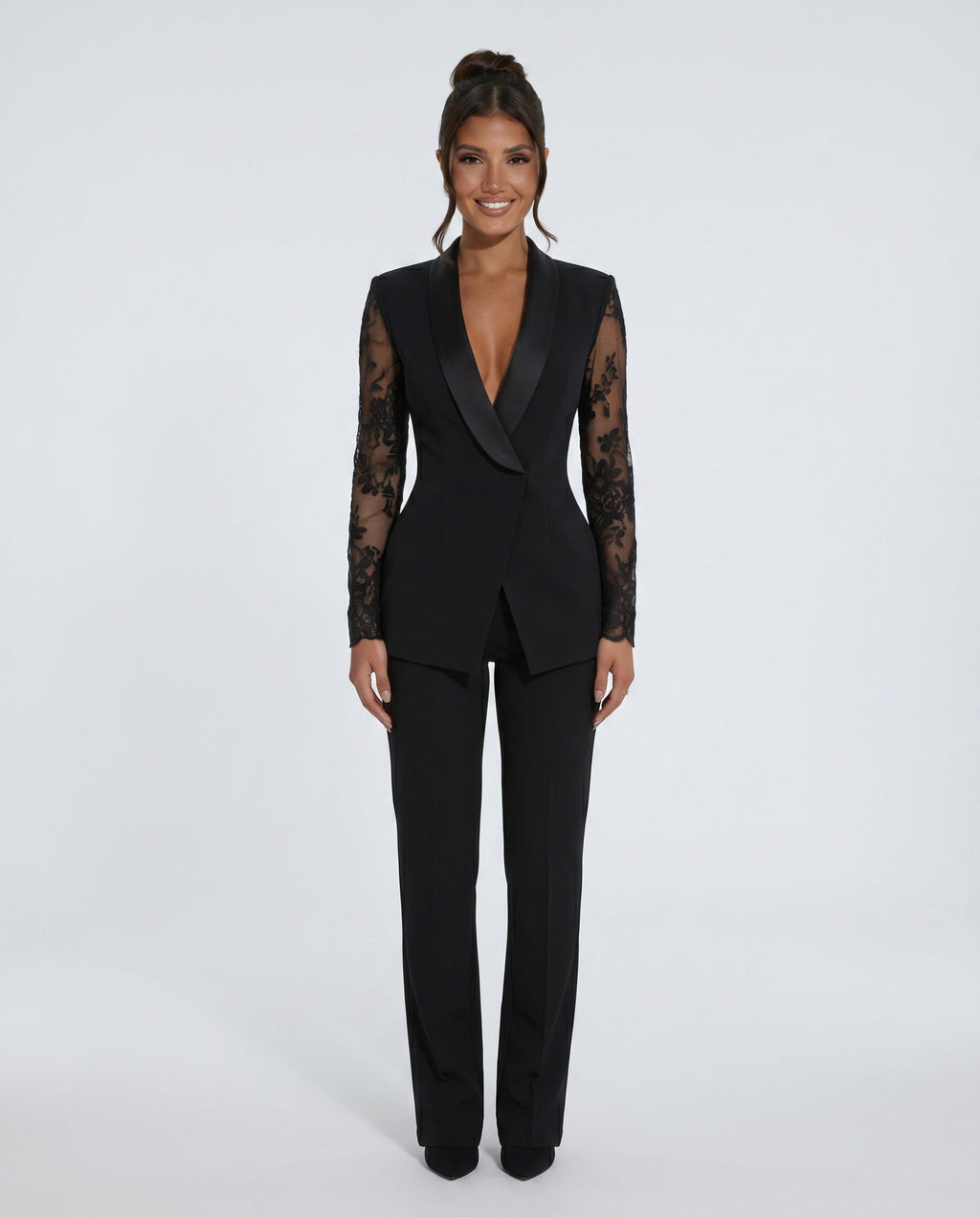 Marlene Lace Trim Long Sleeve Blazer Style Midi Dress in Black