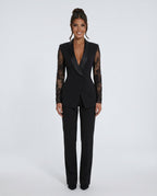 Marlene Lace Trim Long Sleeve Blazer Style Midi Dress in Black