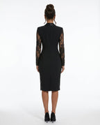 Marlene Lace Trim Long Sleeve Blazer Style Midi Dress in Black