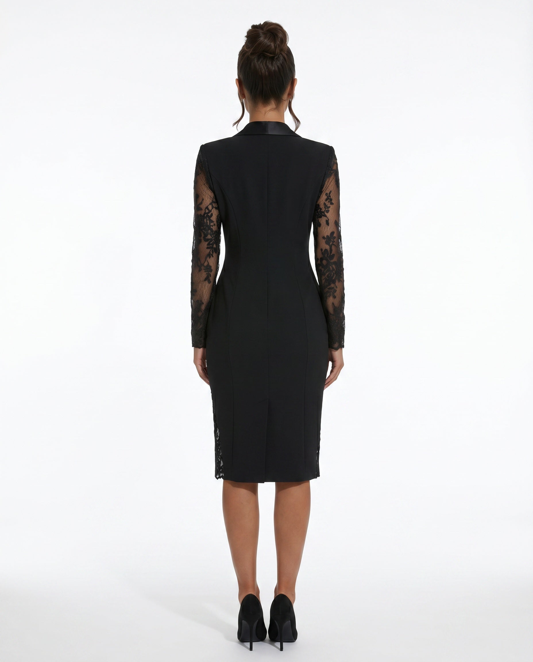 Marlene Lace Trim Long Sleeve Blazer Style Midi Dress in Black