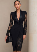 Marlene Lace Sleeve Blazer Style Midi Dress in Black