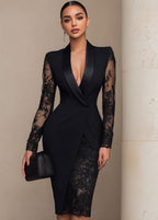 Marlene Lace Trim Long Sleeve Blazer Style Midi Dress in Black