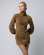 Marlowe Suede Look Turtleneck Mini Dress with Long Sleeves in Brown