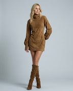 Marlowe Suede Look Turtleneck Mini Dress with Long Sleeves in Brown