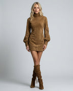 Marlowe Suede Look Turtleneck Mini Dress with Long Sleeves in Brown