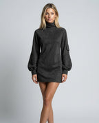 Marlowe Suede Look Turtleneck Mini Dress with Long Sleeves in Black