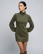 Marlowe Suede Look Turtleneck Mini Dress with Long Sleeves in Army Green