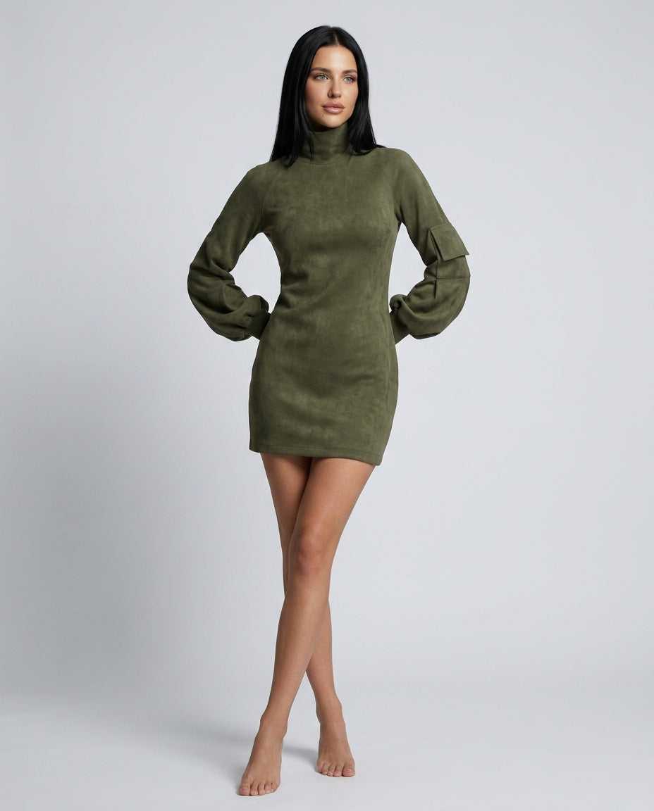 Marlowe Suede Look Turtleneck Mini Dress with Long Sleeves in Army Green