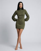 Marlowe Suede Look Turtleneck Mini Dress with Long Sleeves in Army Green