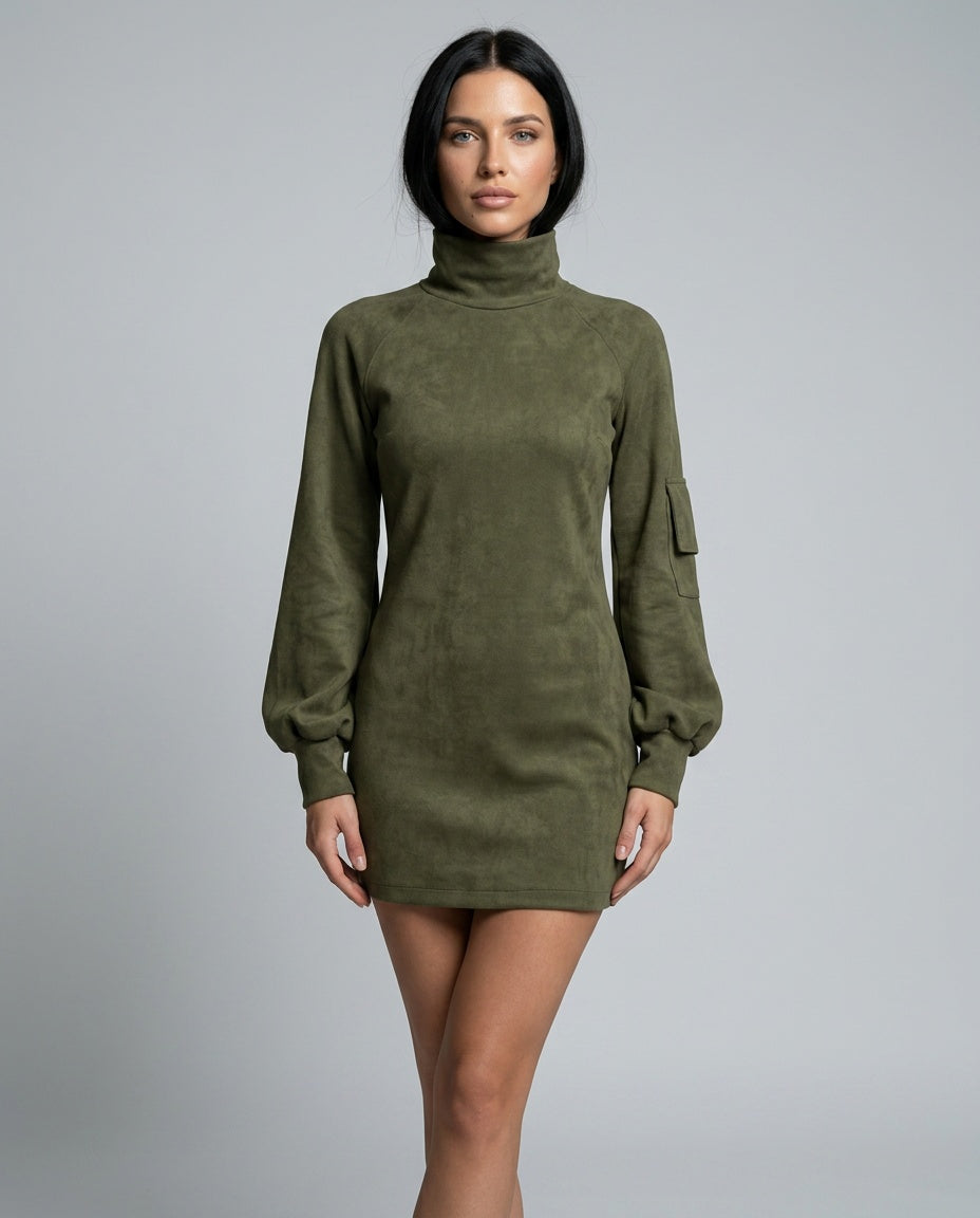 Marlowe Suede Look Turtleneck Mini Dress with Long Sleeves in Army Green