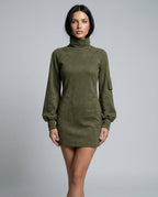 Marlowe Suede Look Turtleneck Mini Dress with Long Sleeves in Army Green