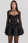 Melissa Lace Puffball Mini Dress with Sheer Long Sleeves in Black