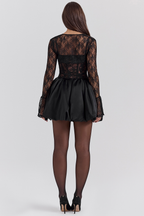 Melissa Lace Puffball Mini Dress with Sheer Long Sleeves in Black