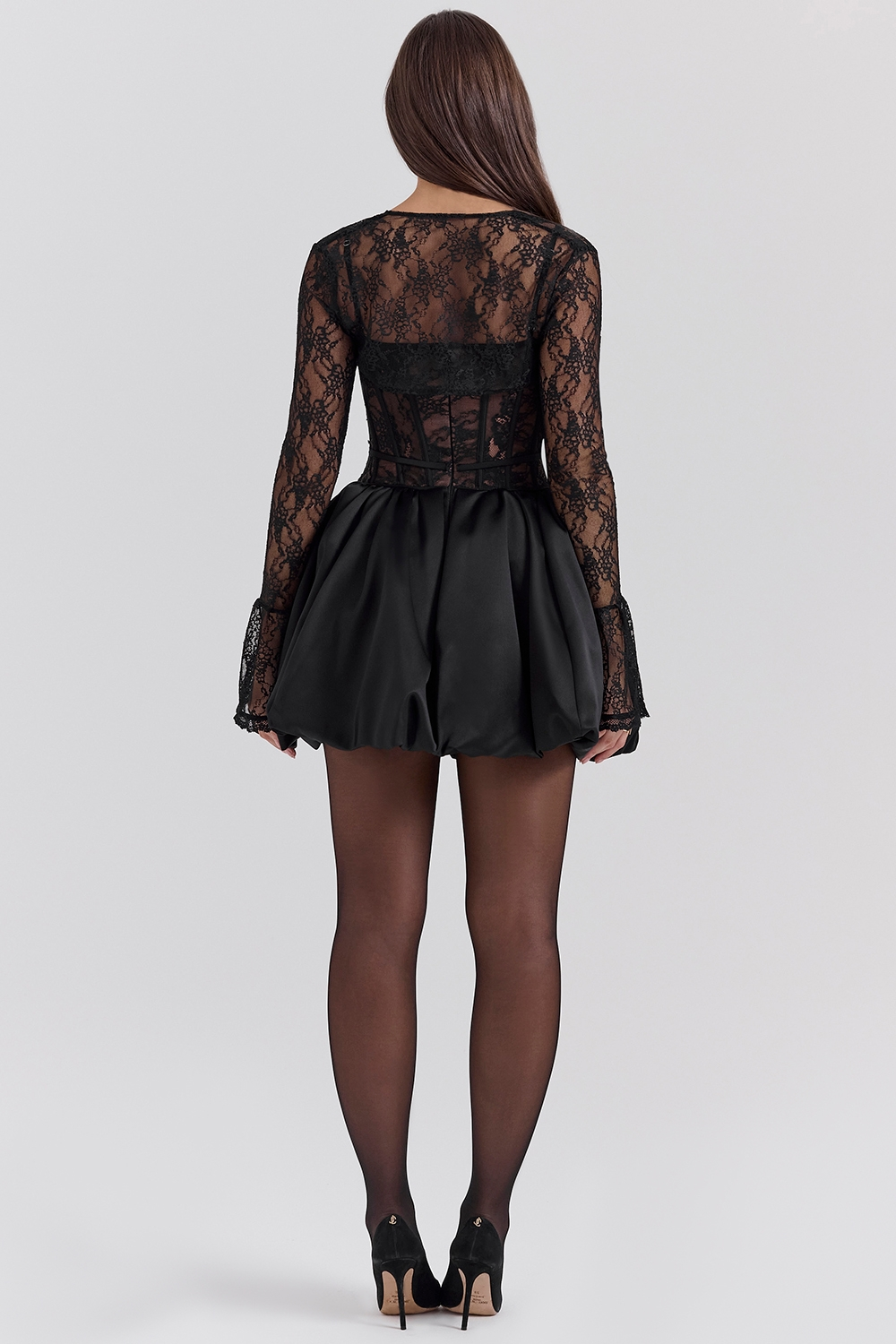 Melissa Lace Puffball Mini Dress with Sheer Long Sleeves in Black
