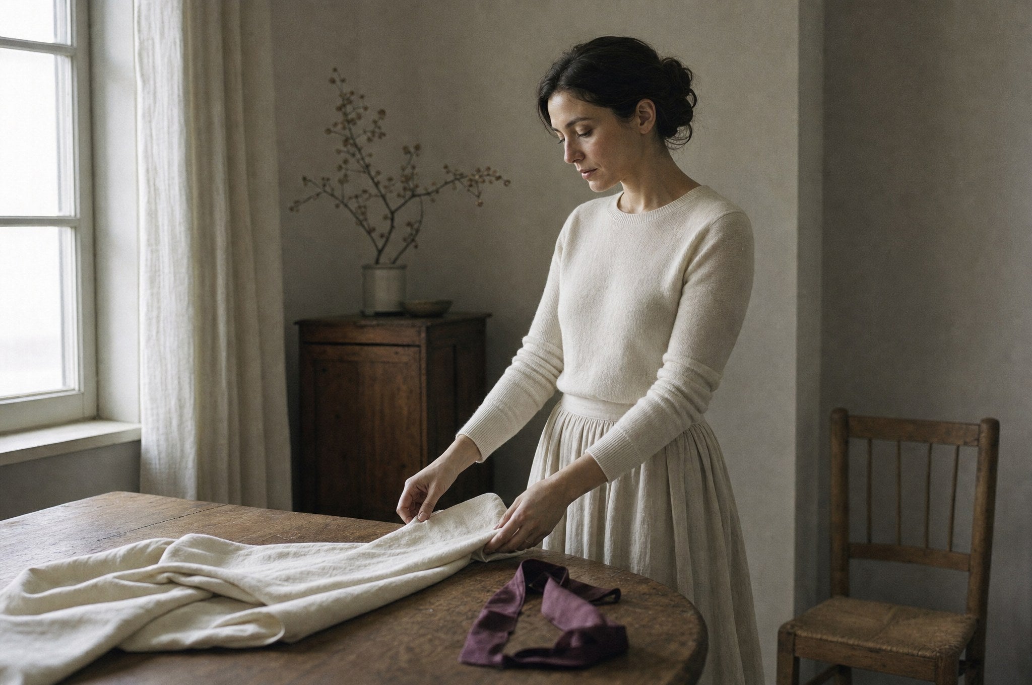 Woman folding cream fabric at a wooden table in soft daylight