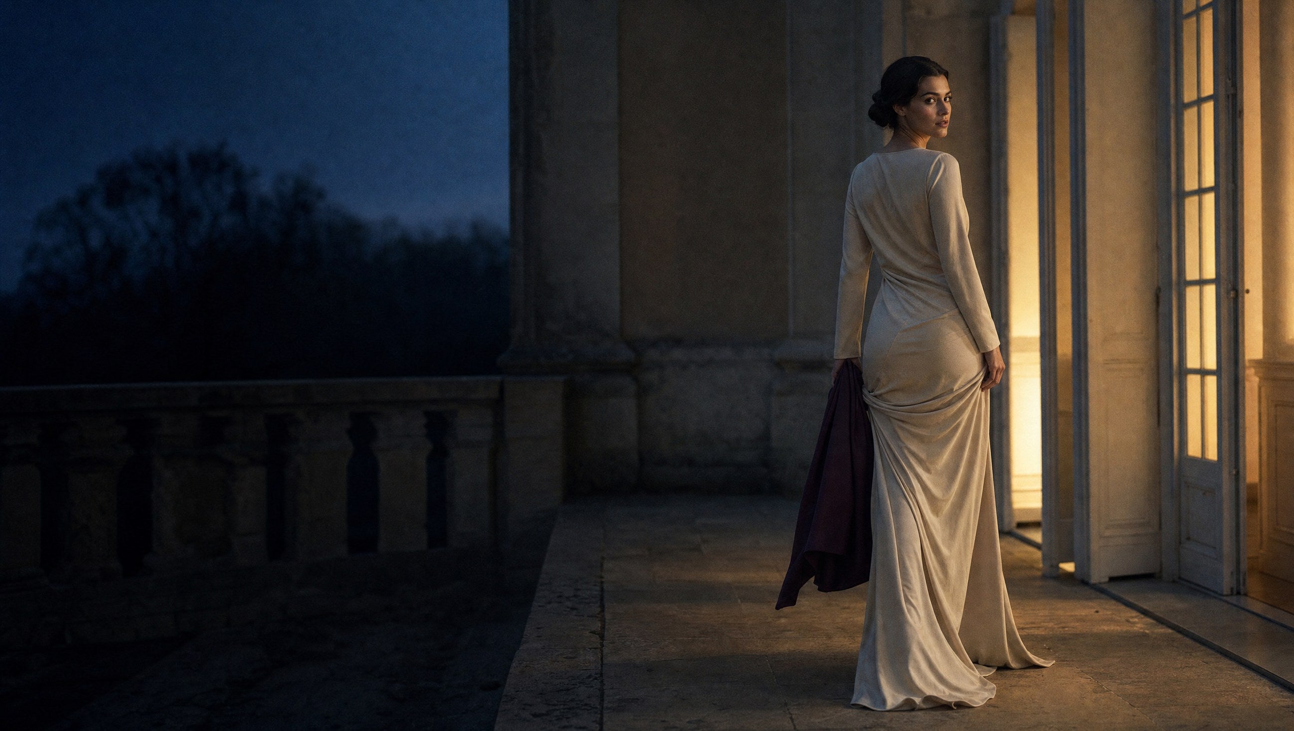 Woman in a long cream evening dress on a stone terrace at dusk