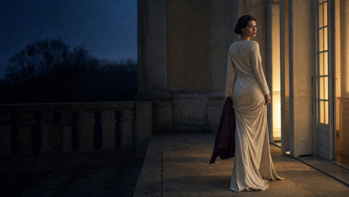Woman in a long cream evening dress on a stone terrace at dusk