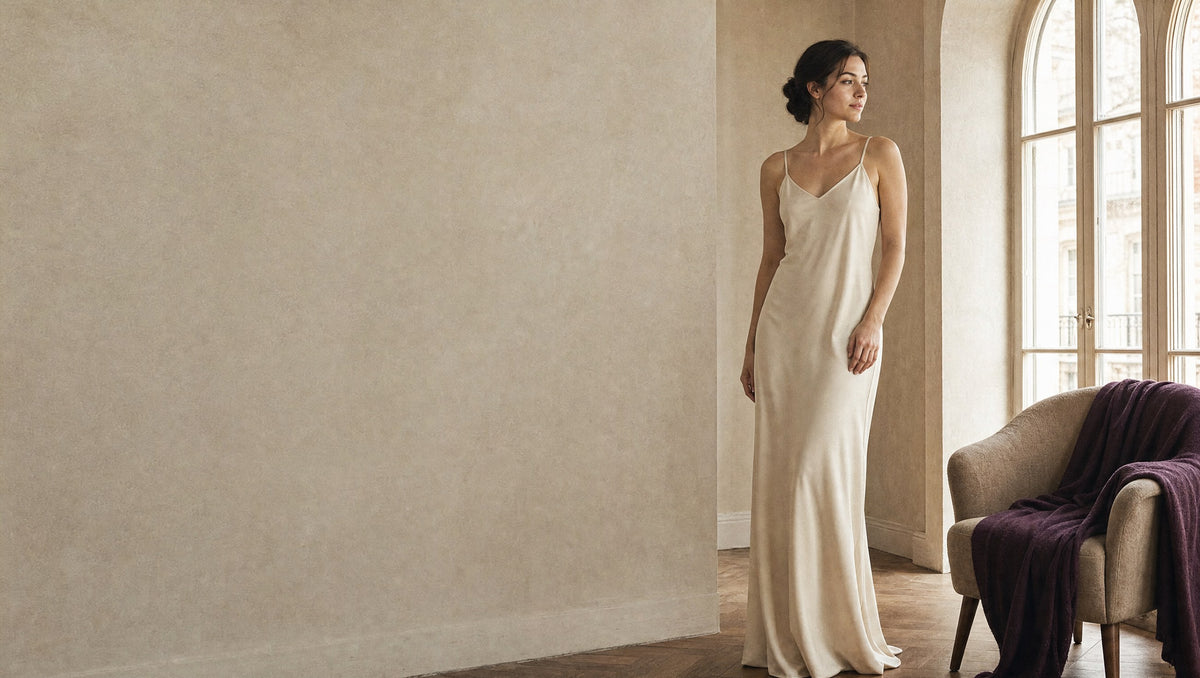 Woman in a floor length cream slip dress beside tall arched windows in a quiet apartment